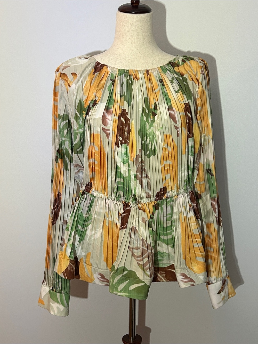 Pleated Floral Peplum Blouse in Yellow & Green Structured Hem